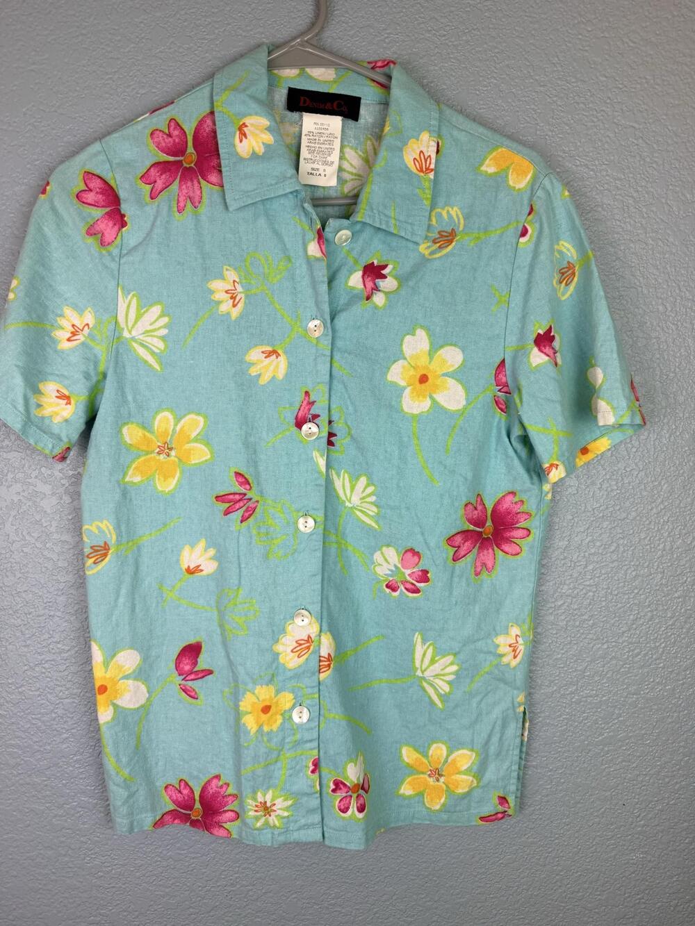 Denim & Co Shirt Womens 8 Blue Floral Linen Rayon Short Sleeve Button Up Top